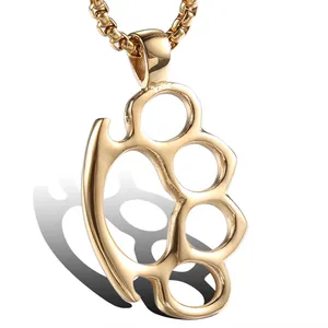 Hip Hop Stainless Steel Alloy Knuckle Duster Pendant Necklace Punk Street Style Jewelry For Men Women Gold Silver Polished