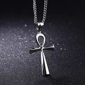 Polished silver Ankh cross pendant necklace for men with a sleek metallic link chain
