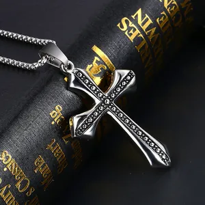 Punk vintage stainless steel cross pendant necklace with dotted texture for men