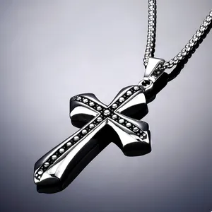 Punk vintage stainless steel cross pendant necklace with black dots and bead chain style