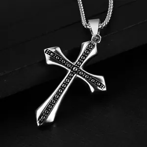 Retro punk gothic silver stainless steel cross pendant necklace for men with black dots