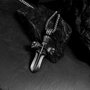 Gothic cross sword pendant necklace with skull details on vintage stainless steel chain