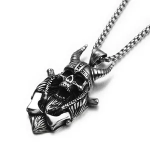 Collier Pendentif Crâne Viking Chaîne Acier Inoxydable Alliage Argent Antique Punk Hip Hop Bijoux Pour Hommes