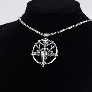 Vintage steel satanic goat pentagram pendant on a box chain for men's fashion style