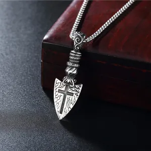 Retro stainless steel cross arrow pendant necklace with vintage engraving on square snake chain