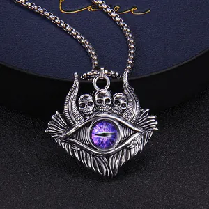 Gothic evil eye necklace pendant featuring purple gemstone and small silver skulls