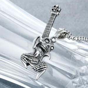 Retro punk skull guitar pendant in vintage stainless steel with square link chain