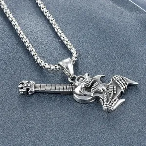 Vintage gothic skull guitar pendant necklace in antique silver finish for motorcycle fans