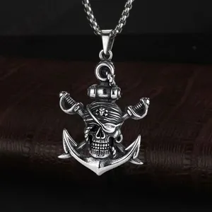Vintage silver pirate skull pendant necklace with anchor and crossed swords detail