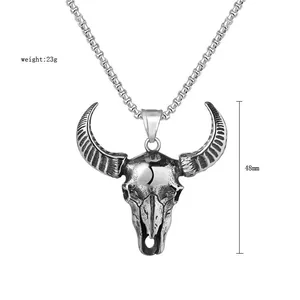 Retro bull skull pendant necklace in silver stainless steel with pearl chain design