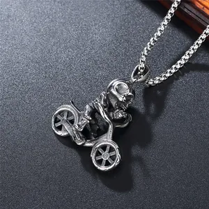 Vintage silver punk skeleton riding bicycle pendant with square link chain necklace