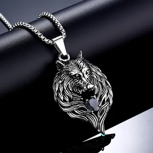 Vintage wolf head pendant necklace with black gemstone and steel box chain for men