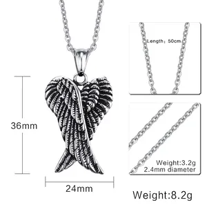 Vintage silver wings heart pendant necklace with dimensions and cross chain details