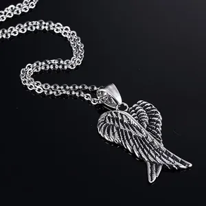 Vintage Alloy Angel Wing Heart Pendant Necklace Oxidized Silver Gothic Punk Style Cross Chain Jewelry Gift For Men Women