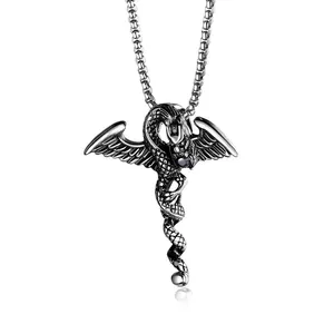 Stainless Steel Winged Dragon Pendant Necklace Vintage Gothic Hip Hop Alloy Rhinestone Inlaid Keel Chain Street Jewelry For Unisex