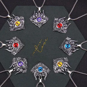 Gothic evil eye pendant necklaces in titanium steel with punk wing and skull details