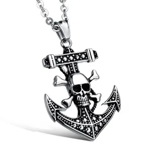 Punk Pirate Ship Skull Anchor Pendant Necklace For Men Gothic Distressed Alloy Antique Silver Cross Chain Halloween Jewelry