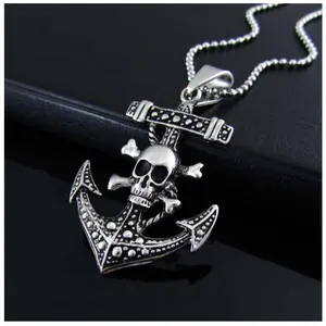 Punk style mens pirate anchor and skull pendant necklace with metallic bead chain