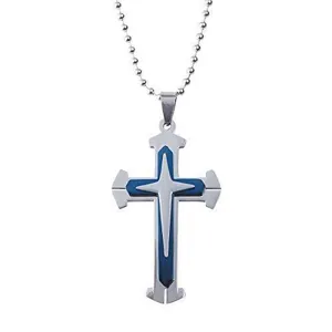 Colgante de cruz de tres capas azul y negro con cadena de bolas de acero inoxidable