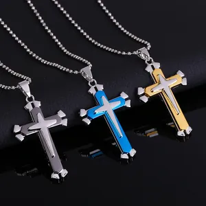 Collares con colgante de cruz de tres capas en plata, azul y oro con cadenas de bolas