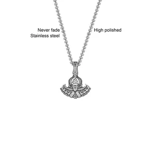 Polished stainless steel Viking axe pendant necklace with Valknut symbol and ornate engravings