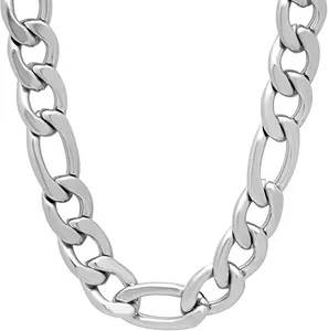 Detailed macro view of a silver Figaro chain necklace with high-quality polished steel links