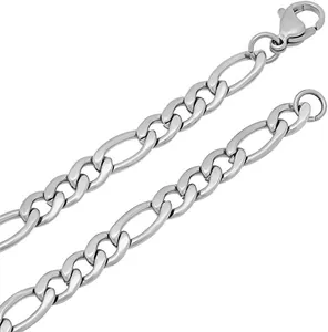 Detail of silver stainless steel Figaro chain showing 3:1 link design and lobster clasp