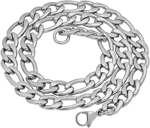 Close-up of polished stainless steel Figaro chain necklace with lobster clasp detail