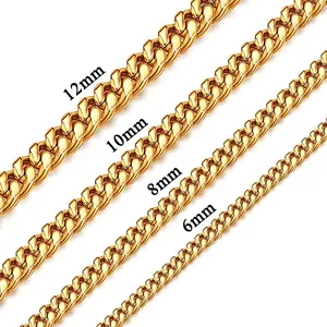 Golden titanium steel Cuban link chains for men in 6mm, 8mm, 10mm, and 12mm widths