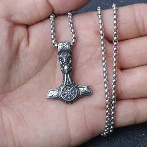 Vintage Thor's Hammer Mjolnir pendant necklace in stainless steel with Nordic runes