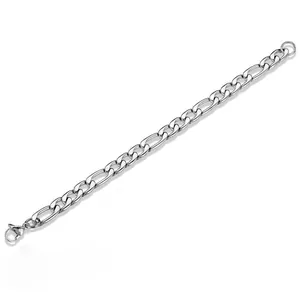 Detailed close-up of polished silver Figaro chain with secure lobster clasp on white background