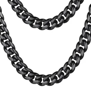 Detailed close-up of glossy black Cuban link chain with thick metal connections