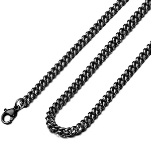 Detailed close-up of a black stainless steel Cuban chain link bracelet with lobster clasp