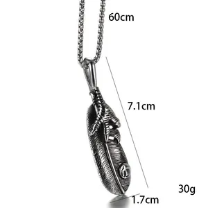 Vintage stainless steel eagle claw and feather pendant necklace with 60cm pearl chain