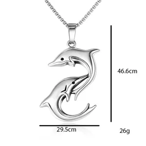 Pendentif dauphin en acier inoxydable argenté poli avec design animalier minimaliste