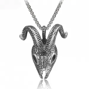 Macro detail of gothic stainless steel ram skull pendant with textured horns