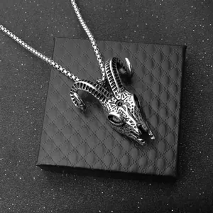 Gothic stainless steel sheep skull pendant necklace with box chain on jewelry box