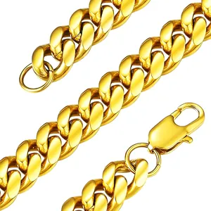Polished golden stainless steel Cuban link chain necklace with secure lobster clasp