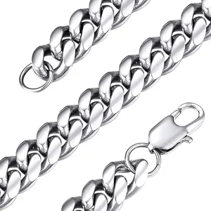 Silver Cuban link chain necklace in polished stainless steel with lobster clasp