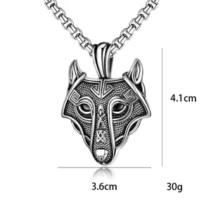 Vintage Celtic wolf head pendant necklace in silver stainless steel with box chain