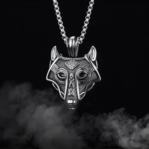 Nordic Viking wolf head pendant necklace in retro silver with geometric rune engravings