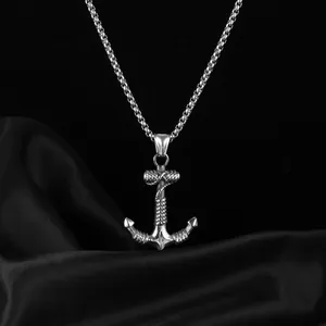 Vintage stainless steel viking anchor pendant necklace for men with rope details