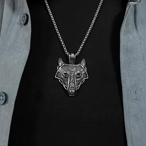 Nordic Celtic wolf head pendant necklace with vintage geometric engraving on bead chain