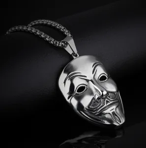 Collier hip hop pour hommes avec pendentif masque Guy Fawkes en acier inoxydable poli