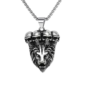 Collar de Cadena de Acero Inoxidable con Colgante de Cabeza de León y Calavera en Aleación Punk Retro Joyería Gótica de Metal Envejecido para Hombre Mujer