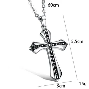 Vintage silver cross pendant necklace for men with 60cm chain and black bead accent