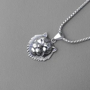 Collier hip hop pour homme avec pendentif tête de lion en acier et chaîne box argent