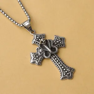 Vintage punk silver cobra snake wrapped around cross pendant with box chain necklace