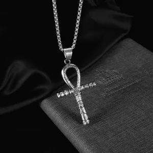 Gepolijste zilveren Ankh-kruis hanger ketting met fonkelende steentjes voor mannen