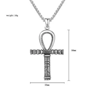 Vintage zilveren Ankh kruis ketting van roestvrij staal met Oog van Horus gravering